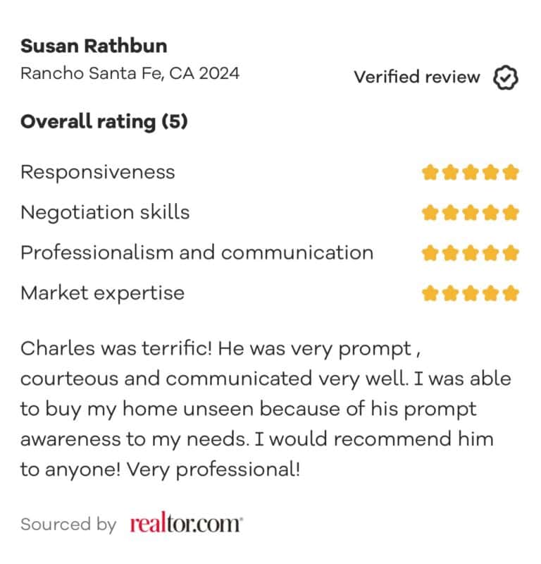 Charles Murch of Berkshire Hathaway HomeServices gets a 5-star review from Susan Rathbun from Rancho Santa Fe.